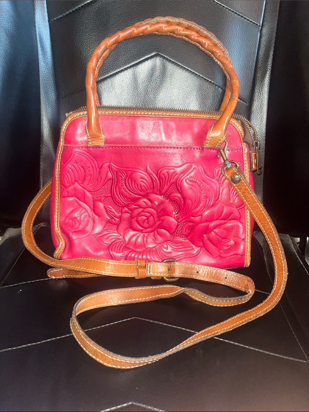 Patricia Nash Two Way Raspberry Red Hand Tooled Rose Purse